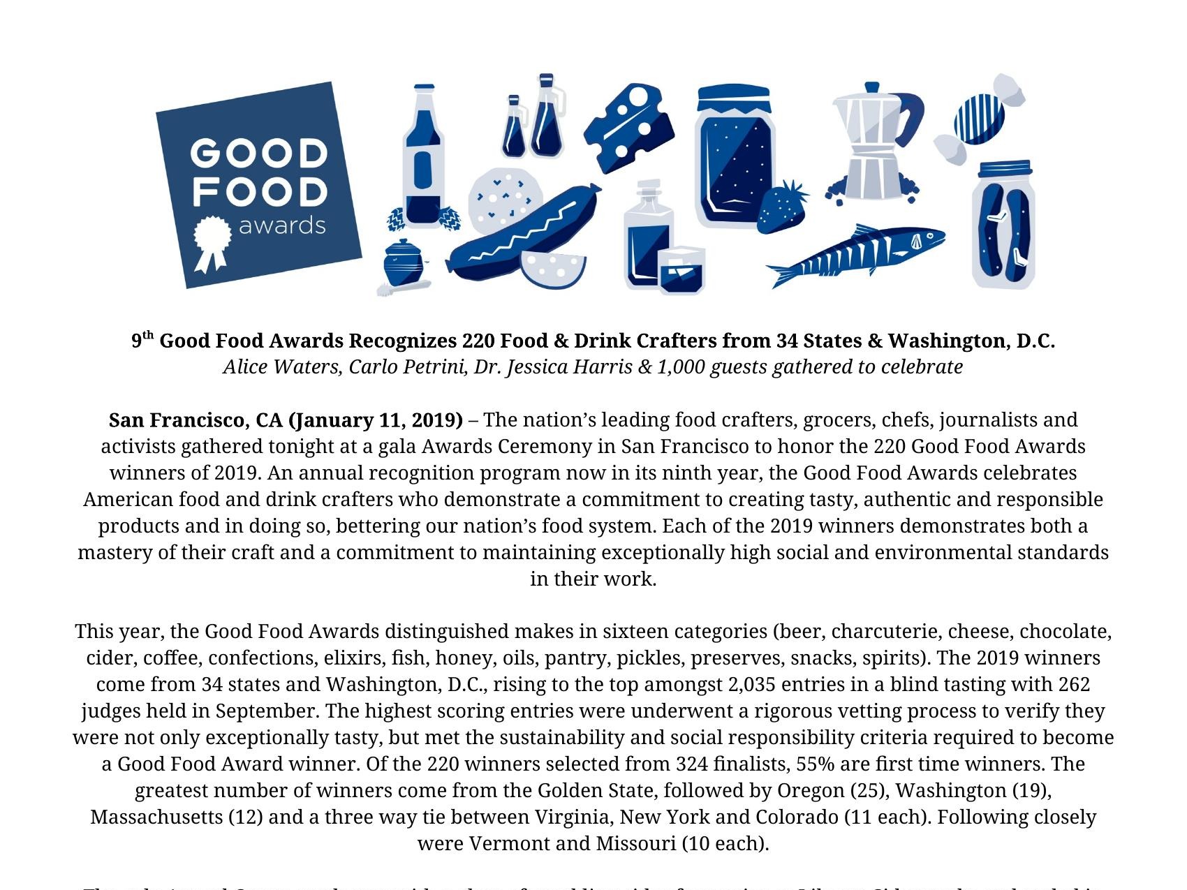 9th Good Food Awards Recognizes 220 Food & Drink Crafters