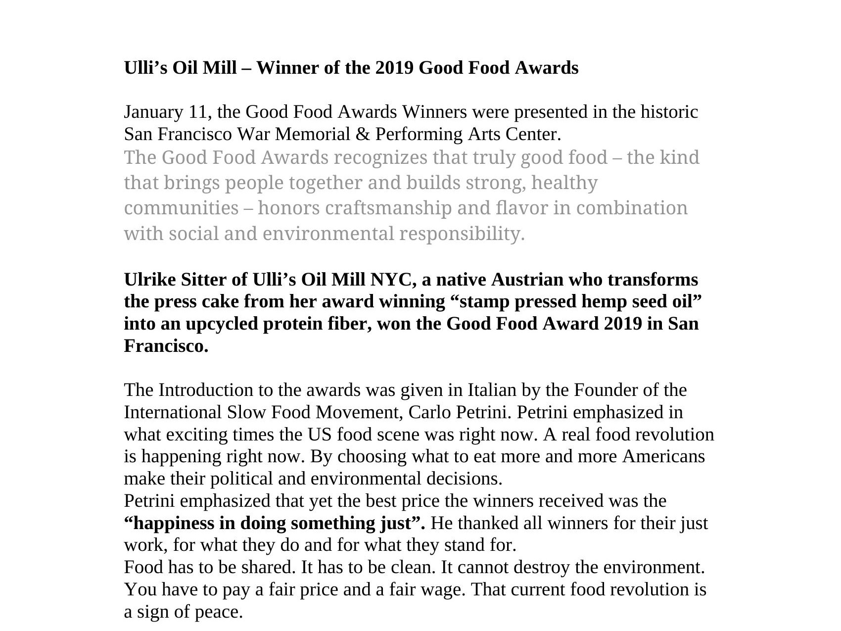 Ulli's Oil Mill – Winner of the 2019 Good Food Awards