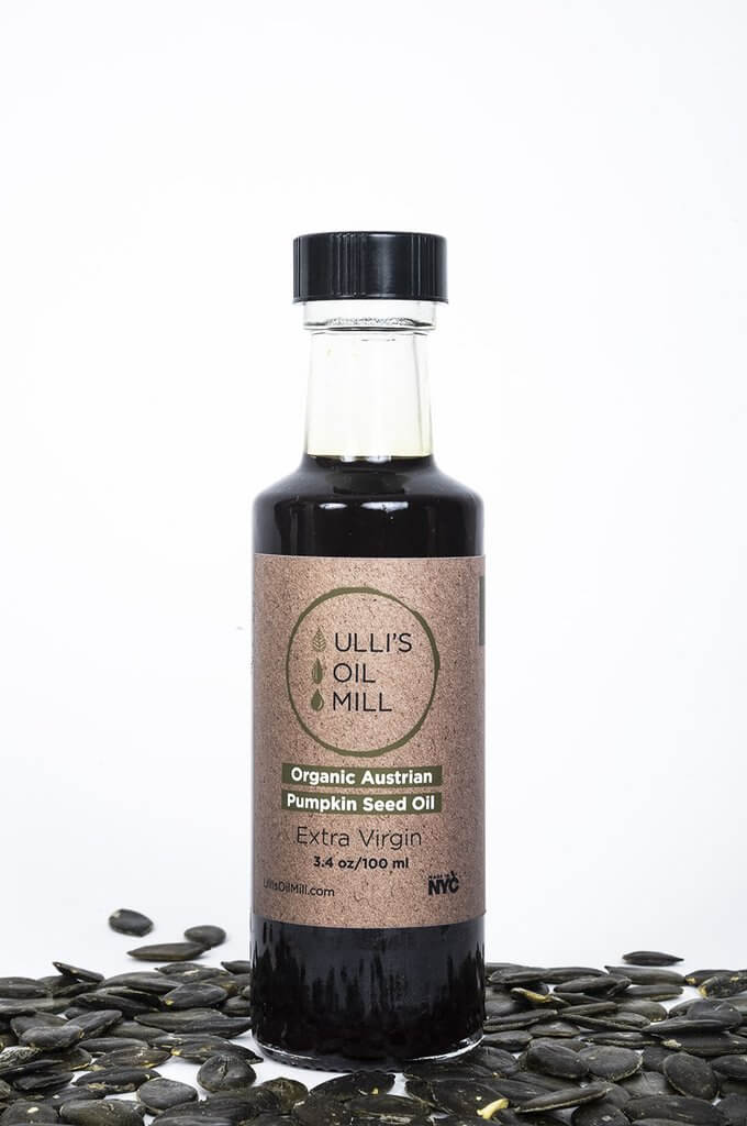 Bottle of Ulli's organic Styrian cold-pressed pumpkin seed oil